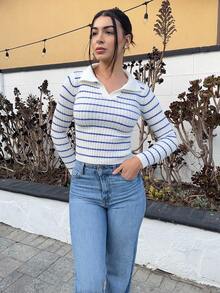 Andrea Bello 女士条纹长袖修身休闲套头衫，秋冬季，长袖上衣 - 藍白色 - 查看 4