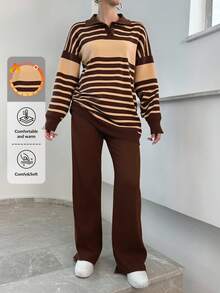 EURMUSE 條紋印花寬鬆休閒毛衣兩件套 - 棕色 - 查看 1