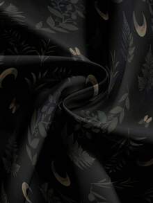 ROMWE Goth 黑暗哥特神秘森林植物叶太阳和月亮印花高开叉黑绿色女式半身裙 - 黑色 - 查看 4