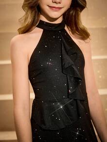 Elegant Flower Girl Dress For Graduation, Wedding, Ball, Suitable For Halloween, Christmas - Sapphire Blue Glitter Knit Spaghetti Strap Floral Decor Midi Dress For Tween Girls, Fashion Back To School High-Low Tulle Princess Dress - Navy Blue - View 7