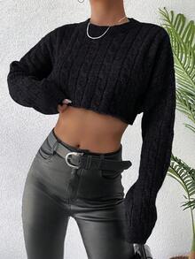 RueChic 女士纯色落肩长袖缩水休闲毛衣，秋冬款 - 黑色 - 查看 3