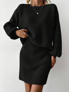 EURMUSE Women's Round Neck Solid Color Sweater And Skirt Two Piece Set - Black - View 4