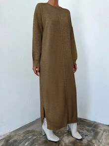 EURMUSE Solid Drop Shoulder Sweater Dress - Camel - View 5