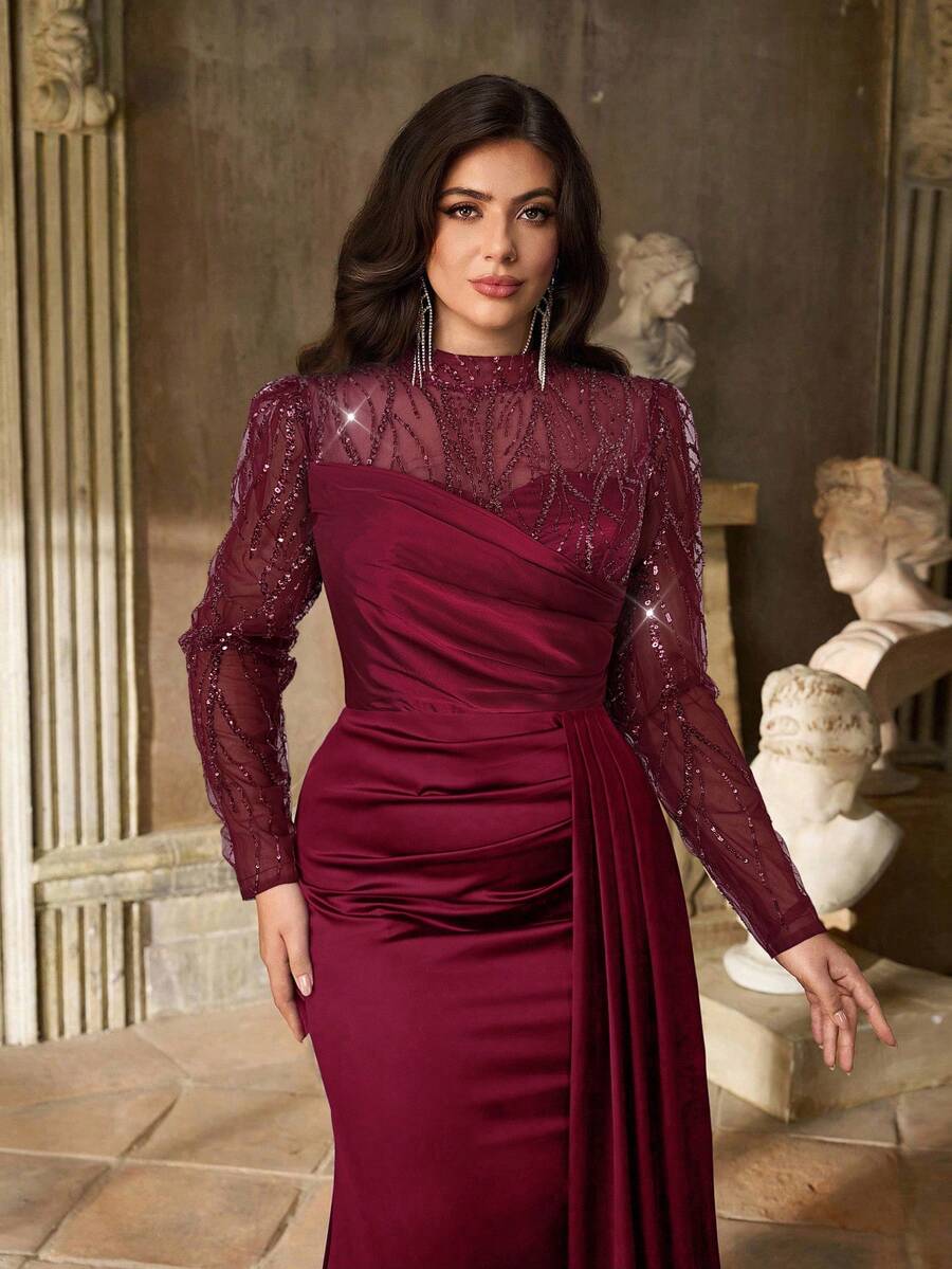 Aureia Plus Size Burgundy Spring Elegant Formal Party Dress, High Collar Pearl Patchwork Satin Long Sleeve Sheer Waist Pleated Mermaid Hem Formal - Burgundy - View 1