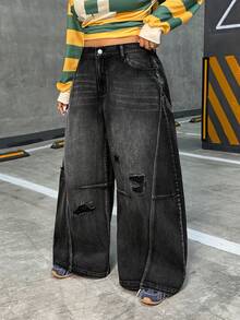 Flirla Plus Size Women's Edgy Street Style Distressed Gray Non-Stretch Denim Barrel Leg Jeans - Dark Grey - View 4