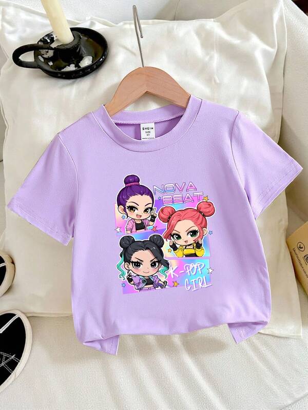 Young Girls Letter & Cartoon Graphic Round Neck Short Sleeve T-Shirt, Ideal For K-POP Fans And Everyday Wear, Purple Fashionable Cute Street Style Tee For Little Girls Girls Graphic Tee Kids Cartoon Print Top Girls Purple T-Shirt K-Pop Girl Print Shirt