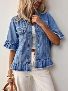 Breezaya 女式流苏喇叭袖单排扣荷叶边休闲牛仔夹克 - 中等水洗藍 - 查看 3