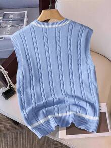 Claim Dot Chaleco de punto con cuello en V a rayas casual para hombres, versátil para otoño/invierno - Celeste - Ver 2