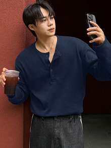 DAZY 男士纹理纯色海军蓝基础款半拉链T恤商务装 - 藏蓝色 - 查看 4