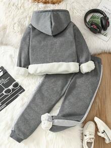 SHEIN 2 件套 Tween BoyWarm 基本款加厚纽约印花带衬垫口袋连帽衫和保暖内衬运动裤套装，秋冬 - 灰色 - 查看 2