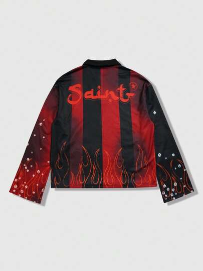 Street Life Camiseta polo de manga larga con estampado y rayas para hombre, estilo universitario casual