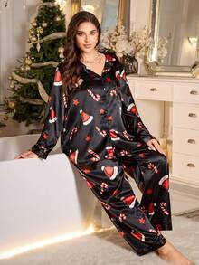 MuseNap CURVE Plus Size Funny Christmas Faux Silk Printed Lapel Top & Pants Pajama Set, Suitable For Loungewear & Outerwear Fall Winter Clothes - Black - View 6