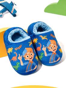 Blippi X SHEIN Cute Cartoon Dinosaurs Blue Children Boys Non-Slip Indoor Slippers Toddlers & Kids Soft Plush Warm Winter House Shoes, Lightweight And Durable, Anti-Slip Silicone Dots,Home Bedroom Air-Conditioned Room Spring, Autumn And Winter