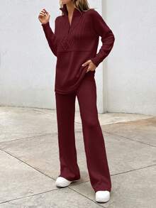 EURMUSE Elegant Cable Knit Sweater With Zipper & Sweater Pants Co-Ords - Burgundy - View 5