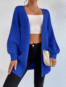 EURMUSE Drop Shoulder Open Front Ribbed Knit Duster Cardigan - Blue - View 6