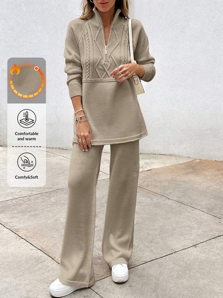 EURMUSE Elegant Cable Knit Sweater With Zipper & Sweater Pants Co-Ords