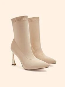 CUCCOO BASICS Women's Pointed Toe Daily Wear High Heel Ankle Boots - Apricot - View 2