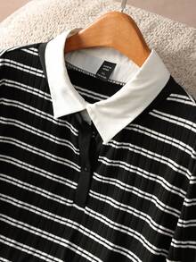 Elaquor Plus Size Women Polo Collar Long Sleeve Striped Casual T-Shirt, Autumn - Black and White - View 6