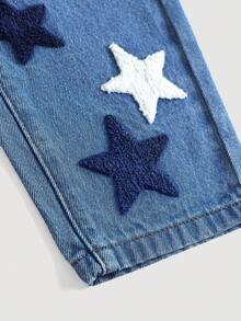 SHEIN 男婴休闲柔软可爱星星植绒弹力腰宽松蓝色牛仔裤，秋冬季百搭休闲，适合秋冬日常穿着、圣诞节、新年、感恩节等场合。 - 中等水洗藍 - 查看 5