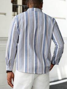 Manfinity Homme 男士秋季新款长袖衬衫休闲通勤百搭条纹长袖衬衫前扣休闲衬衣秋季礼物送男朋友或者老公都很适合单排扣休闲衬衫，秋季 - 彩色 - 查看 2