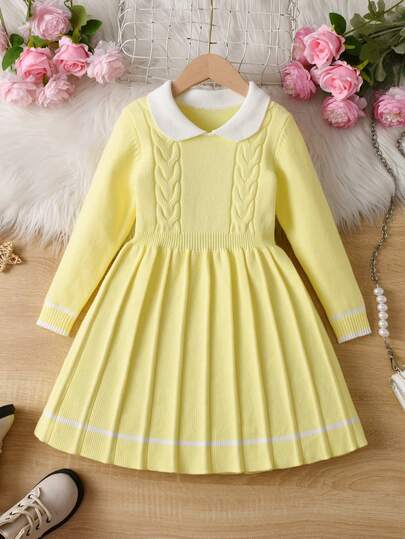 Elladie kids Young Girl' Navy Blue Sweater Dress, New Autumn/Winter Collection, School/Navy Style, Princess Collar, Blue & White Color Blocking, Suitable For Various Occasions: Home, Outings, School