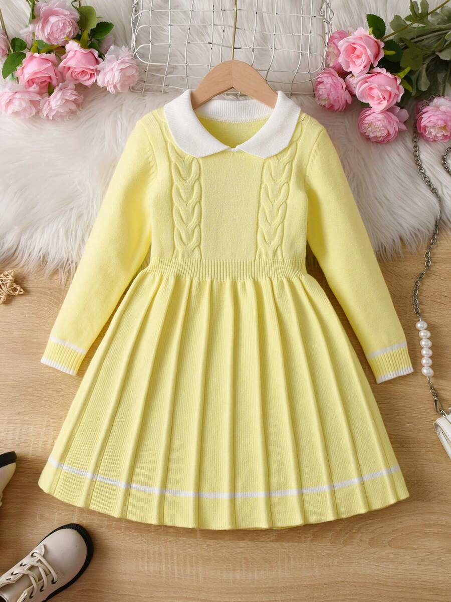 Elladie kids 少女海军蓝毛衣裙,秋冬新品,学院风/海军风,公主领,蓝白撞色,适合居家、外出、上学等各种场合 - 黃色 - 查看 1