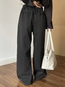 Livesso 女士休闲条纹抽绳直筒裤，宽松商务风，秋冬季保暖内衬 - 黑色 - 查看 6