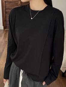 Livesso Áo thun tay dài dáng rộng thoải mái cho nữ với thiết kế chi tiết, phù hợp mặc nơi công sở vào mùa thu đông - màu đen - Xem 3