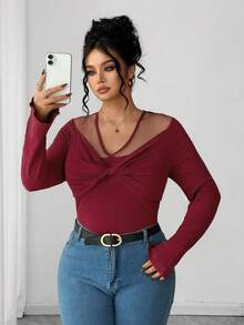 SHEIN Elenzya Áo thun tay dài cổ chữ V thanh lịch, chất liệu lưới xoắn cỡ lớn dành cho nữ - Màu Đỏ Sâu - Xem 6