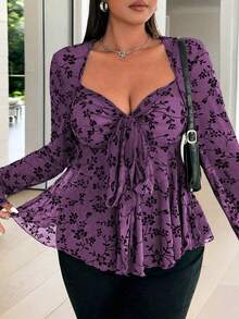 Vibekara Plus Size Women Bowknot Strap Ruched Mesh Flocked A-Line Party Occasion Top - Purple - View 3