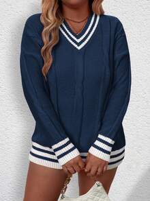 SHEIN LUNE Suéter casual de diario de talla grande con parches y rayas, cuello en V, otoño/invierno