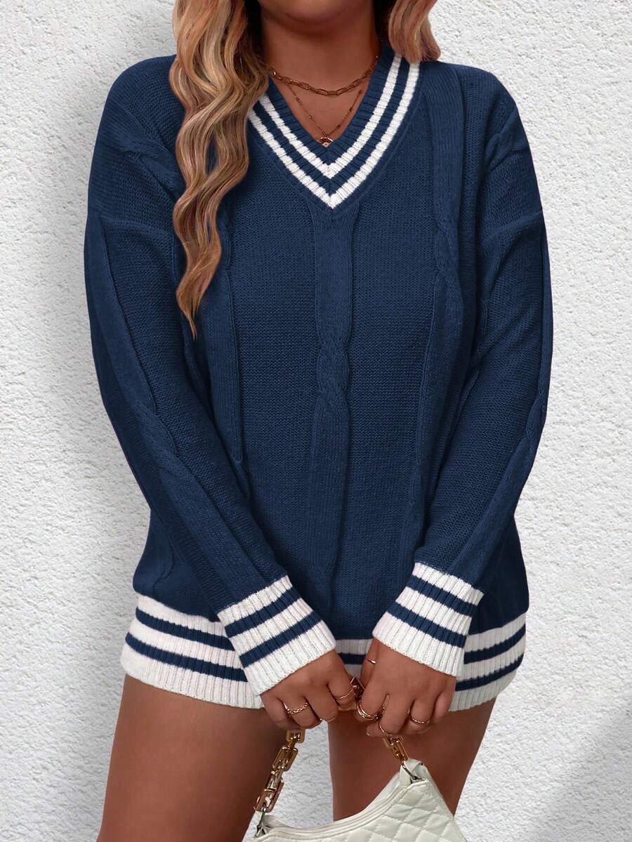 SHEIN LUNE Suéter casual de diario de talla grande con parches y rayas, cuello en V, otoño/invierno