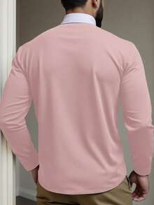 Manfinity Homme 大码男士休闲通勤百搭骑士印花撞色领长袖 Polo 衫，春秋季 - 粉色 - 查看 2