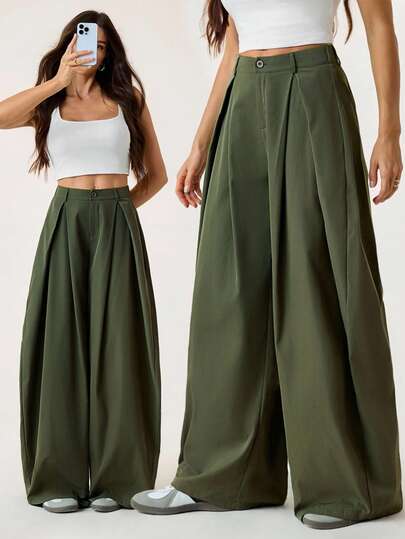 SHEIN Tall Women's Summer Vintage Casual Hippie Street Oversized Army Green Pants Baggy