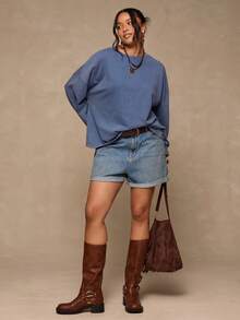 Freevana 大码女式纯色圆领休闲百搭长袖上衣 - 藍色 - 查看 4