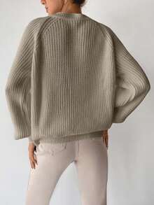 SHEIN Cottnline 女士纯色圆领长袖简约毛衣，休闲日常穿着 - 米色 - 查看 2