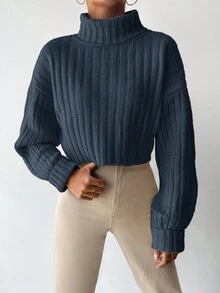 EURMUSE High Neck Drop Shoulder Ribbed Knit Sweater - Dark Grey - View 3
