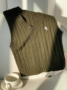 Comfortcana Women's Equestrian Pattern Knit Vest,Olive Green,Autumn,70s,School,Back-To-School Casual Minimalist Military Green Crop Top Y2k Sweater Vest Knit Tops - Army Green - View 7