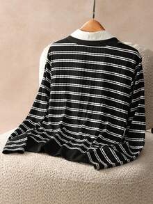 Elaquor Plus Size Women Polo Collar Long Sleeve Striped Casual T-Shirt, Autumn - Black and White - View 2