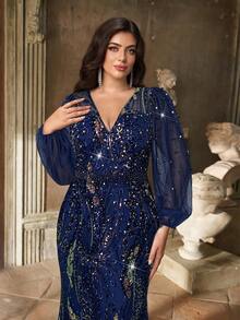Aureia Đầm cỡ lớn sang trọng, thanh lịch, lãng mạn, cổ chữ V đính sequin và hạt cườm, tay phồng, dáng đuôi cá ôm sát, thích hợp cho tiệc tối, hẹn hò, dạ hội, đám cưới, lễ tốt nghiệp, kỳ nghỉ, ngày Valentine. - Màu xanh hải quân - Xem 4