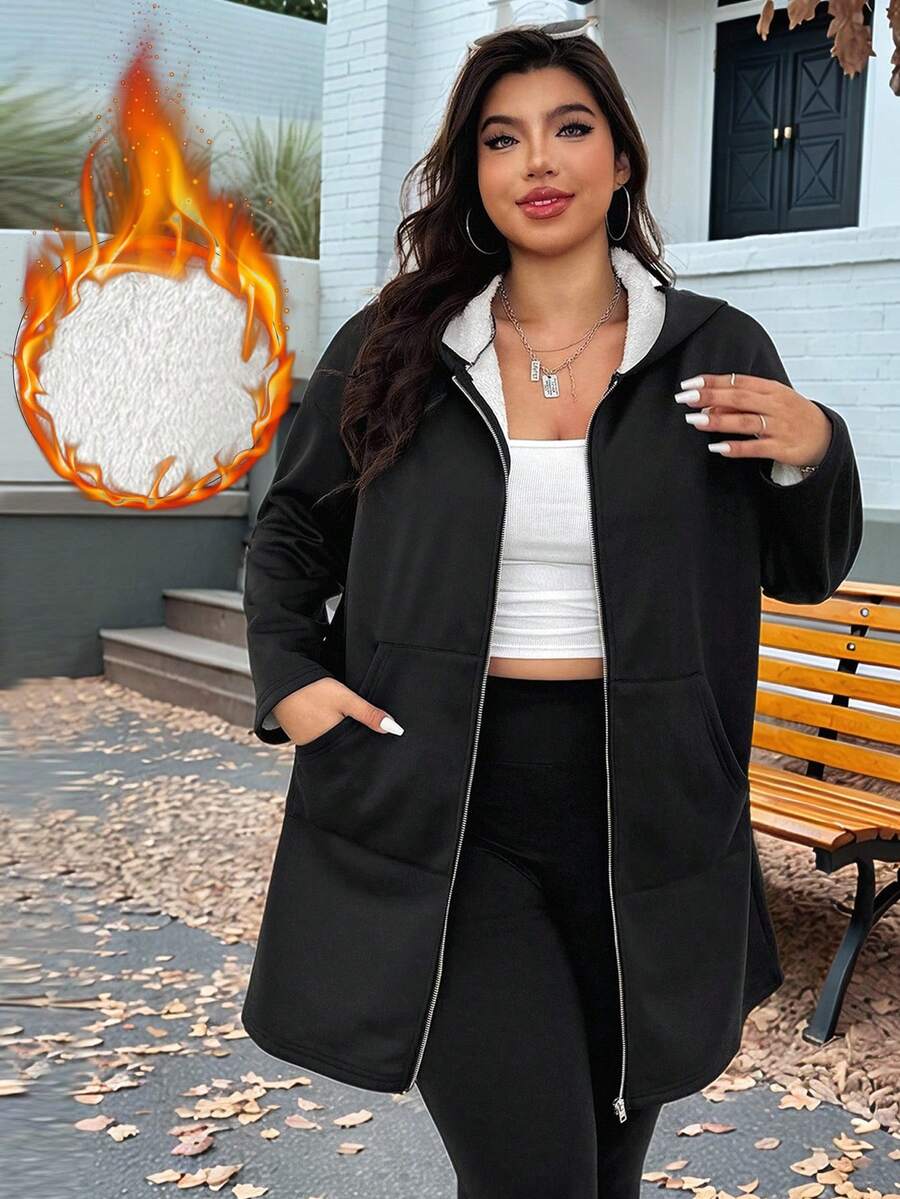 SHEIN EZwear Casaco casual plus size com forro térmico e capuz, ideal para outono/inverno.