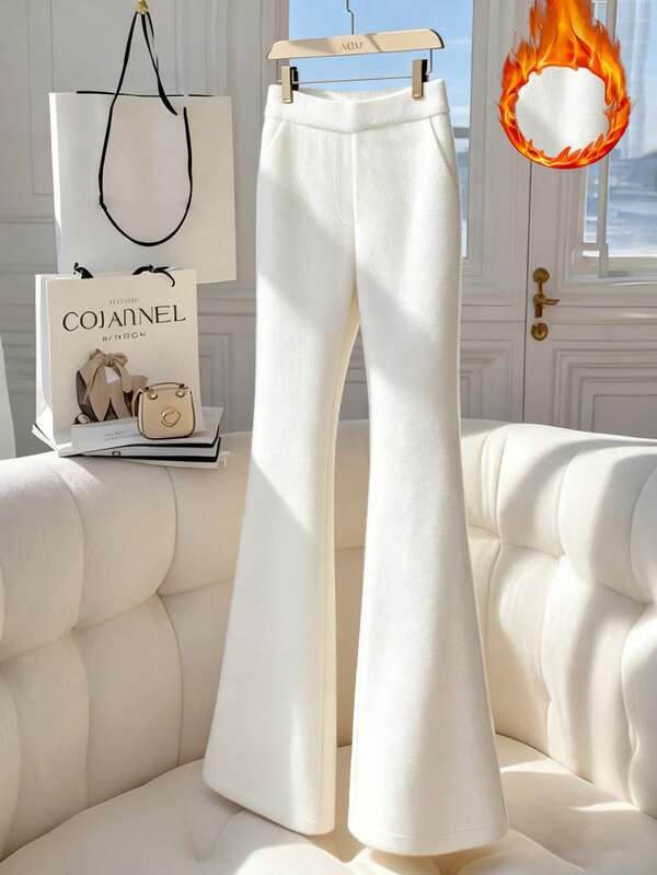 Franclia Women's High Waist Pockets Knitted Flared Pants, Casual Loose Fit Everyday Wear, Autumn/Winter