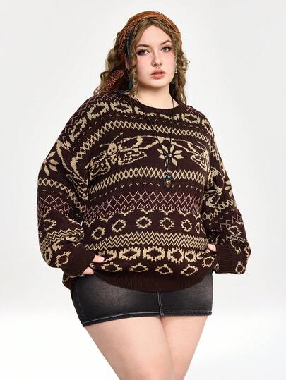 Goth Pull ample à col rond, imprimé crâne et chauve-souris sombre et mystérieux, grande taille, automne/hiver