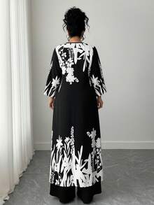 Elenzga 大码女式两件套：花卉印花夹克和裤子，休闲通勤装 - 黑與白 - 查看 2