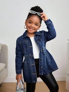 SHEIN 少女海军蓝牛仔翻领长袖长夹克 - 深色水洗藍 - 查看 3