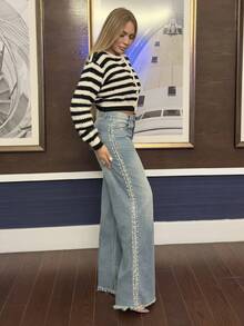 Cioccolato 女士时尚蓝色直筒牛仔裤，带珍珠和口袋 - 藍色 - 查看 4