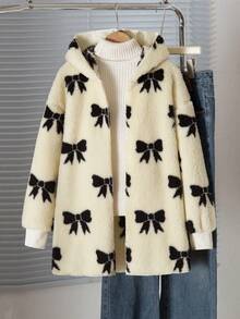 Sparklyn Tween 女童休闲百搭蝴蝶结提花羊毛连帽长款开衫，适合居家、上学、日常穿着、秋冬季 - 杏色 - 查看 3