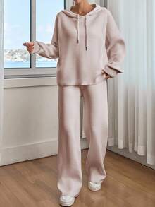 EURMUSE Women Solid Color Drop Shoulder Hooded Pullover & Sweater Pants Set - Baby Pink - View 4