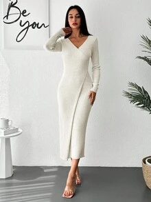 EURMUSE Solid Color V-neck Cross Wrap Ribbed Knit Sweater Dress - White - View 5