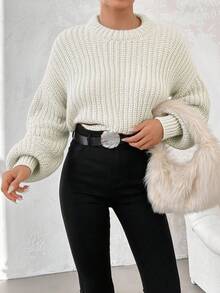EURMUSE Women's Solid Color Crew Neck Dropped Shoulder Long Sleeve Loose Casual Sweater, Fall/Winter - White - View 4